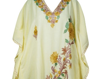 Womens Kaftan Midi Dresses, Yellow Summer Boho Loose Kaftan Dresses Floral Embroidered Caftan Dress One size L-2XL