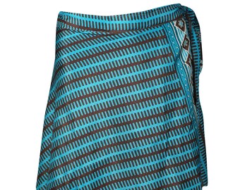 Women Wrap Skirt, Blue Printed 2 Layer Reversible Magic Skirts, Summer Beach Coverup Sarong, Silk Sari Wrap Skirts One Size