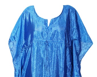 Women Kaftan Dresses, Tunic Caftan, Housedress, Resort Wear, Recycled Blue Printed Beach Cover Up L-2XL One Size