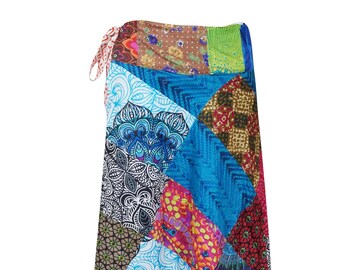 Womens Wrap Skirt, Patchwork Wrap Around Long Cotton Skirt, Blue Magic Skirts One size