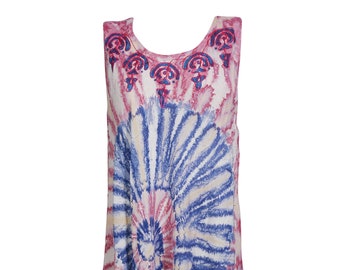 Women Tie Dye Beach Dress, Sleeveless Flare Pink Blue Cover Up Rayon Scoop Neck Stylish Summer Tank Dresses XL