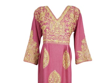 Bohemian Women's Maxi Dress, MAUVE-OLOUS Handmade Pink Floral Embroidered Casual Resort Dresses XL