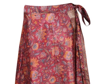 Womens Wrap Skirt, Indian Vintage Sari Skirt, Beach Wear Reversible 2 Layer Skirts, Red Pink Floral Printed Wrap Skirts One Size