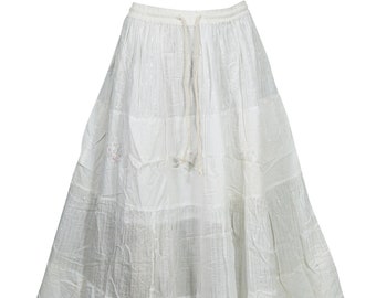 Womens Maxi Skirts, White Summer Lightweight Boho Skirt, Bohemian Skirt, Embroidered Bohemian Skirts M/L