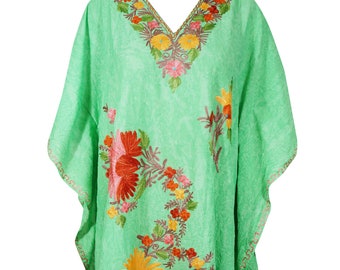 Women Midi Kaftan Dress, Green Floral Embroidery Dress Resort Wear Cover Up Caftan Dresses One size L-2XL