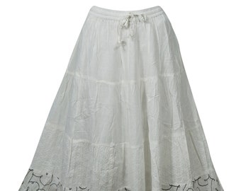 Womens Maxi Skirt Angel White Cotton Long Skirt Floral Embroidered Maxi Skirts M/L