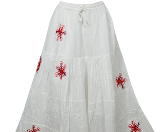 Women's Cotton Skirt, White Red Floral Embroidered Casual Drawstring Skirts Hippy Summer Maxi Skirts ML