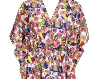 Womens Short Cotton Kaftan, Multi Color Printed Beach Kaftan, Summer Resort Wear, Cover Up, Lounger, Housedress One Size L-2XL