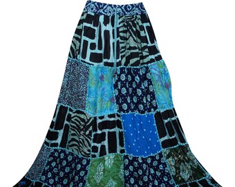 Womens Maxi Skirt, Blue Summer Skirt, Gujarati Patchwork Handmade Vintage Boho Chic Long Skirts S/M