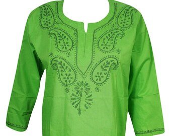Womens Cotton Tunic, Green Handmade Boho Blouse, Paisley Embroidered Beach tunic Dress S