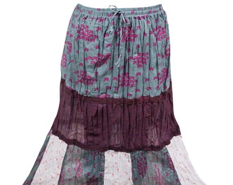 Womens Maxi Skirt Gray Purple Printed A-line Bohemian Summer Style Summer Gypsy Skirts ML