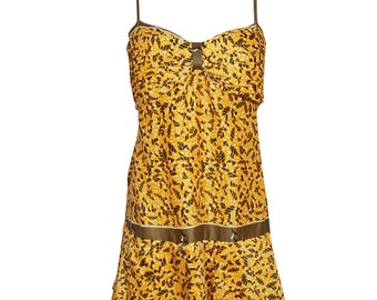 Womens Boho Beach Dress, Strap Dress, Printed Silk Ruffled Yellow Spaghetti Strap Dress, SM