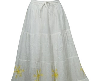 Women's Maxi Skirt White Cotton Gauze Embroidered Gypsychic Hippie Beach Long Flare Skirts M/L