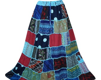 Womens Patchwork Long Skirt, Bohemian Chic, Beach Skirts,  Blue Boho Hippy Summer Maxi Skirts S/M