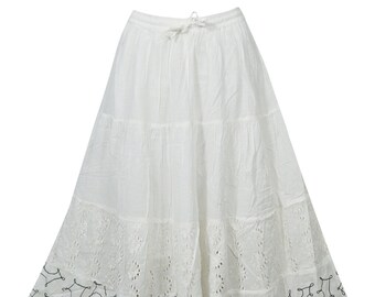 Women's Cotton voile skirt, gypsy skirts, summer skirts, BEACH SKIRTS, Tiered skirts, Royal White Embellished Cotton Maxi Skirt M/L