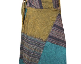 Womens Blue Striped Square Patchwork Skirt, Cotton Mid Length Wrap Around Skirt, Gift For Her One size