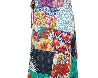 Womens Wrap Skirt, Patchwork Wrap Around Long Cotton Skirt, Green Red Magic Skirts One size