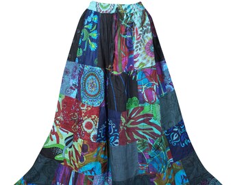 Patchwork Bohemian Cotton Long Skirt with Mixed Blue Floral Patches Elastic Waist Hippie Maxi Summer Skirt S/M