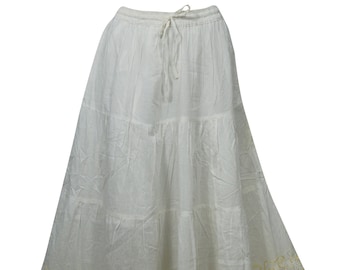 Womens Maxi Skirt White Cotton Embroidered A-Line Gypsy Skirts M/L