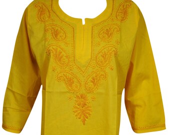 Womens Tunic, Yellow Tunic, Floral Embroidered Cotton Boho Hippie Blouse Kurti Kurta M
