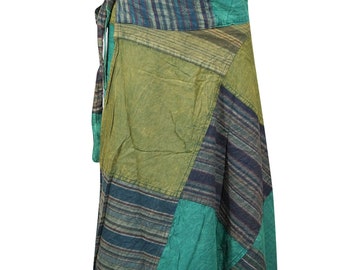 Womens Striped Cotton Patchwork Skirts, Green Blue Mid Length Skirt, Summer Boho Wrap Around Skirt One Size