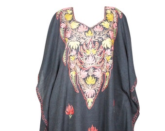 Womens Maxi Kaftan Dress, Gift, Cruise Caftan, Loose Travel Dress, Black Caftan, Resort Wear, Embroidered Floral Caftan, L-3XL