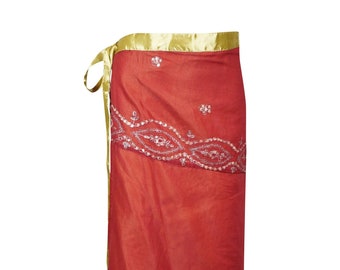 Womens Wrap Skirt, Long 2 Layer Skirts, Red Gold Vintage Sari Skirt, Georgette Embroidered Long Wrap Skirts One Size