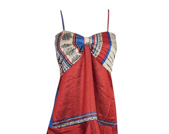 Womens Floral Dress, Red Strap Dress, Handmade Recycle Sari Dress, Ruffle Dresses Boho Beach Fashion S/M