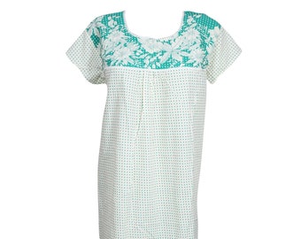 Womens Cotton kaftan Dress, Nightwear Dress, Polka Green White Print Maxi Caftan Dress, nightdress Loose Caftan Dress, Lounger Dress M
