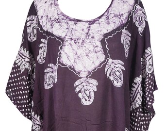 Women's Boho Retro 70s Blouse, Soft Purple White Printed Top, Oversized Hippy Blouse Bohemian Summer Tops One size