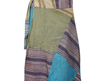Womens Wrap Around Skirts, Cotton Skirts, Blue Green Patchwork Boho Midi Skirt, Bohemian Fashion One Size