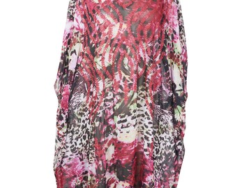 Womens Caftan Maxi Dress, Embellished Soft Kimono Caftan,Pink Black Georgette Housedress, Kaftan, Lounger, Resort Wear, One Size, M-4X