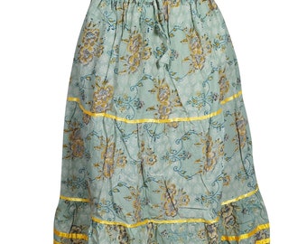 Womens Midi Skirts, COTTON Gypsy Flared Skirt, GREEN Yellow Stunning Boho Chic Summer Fashion S/M
