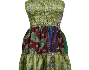 Bohemian Beach Skirt Vintage Recycled Silk Boho 2 In 1 Printed Dress Skirt Green Red Vacation Travel Sundress S/M