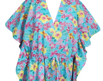 Womens Boho Kaftan, Tunic Dress, Blue Floral Beach Coverup, Cotton Beach Caftan dress, Maternity Kaftan Dresses, One size L-3XL