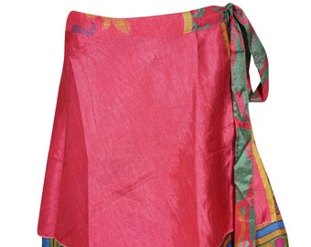 Womens Short Wrap Skirt, Comfy Sari Silk Two Layer Reversible Boho Fashion, Pink Blue Printed Magic Sari Wrap Around Skirts One size