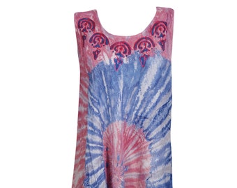 Womens Beach Sundress, Pink Blue Batik Embroidered Loose Fit Flare Swing Cover Up Tank Dress XL