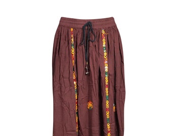 Boho Maxi Skirt, Hippy Chic Bohemian Embroidered Brown Long Crinkle Skirt, Beach Flared Skirts S/M