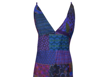 Womens Patchwork Maxidress, Deep V Strap Maxi Dress, Stunning Handmade Purple Printed Long Dresses, Bohemian Fashion S/M