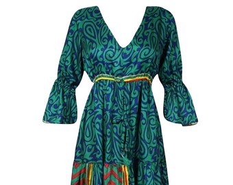 Womens Boho Maxi Dress, Recycle Sari Turquoise Blue Paisley Print Resort Beach Dress, Summer Holiday Gypsy Flared dress S/M
