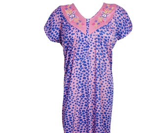 Women Maxi Dress, Nightgown, Pink Blue Floral Printed Dress, Nightwear, Housedress Sleepwear Kaftan L