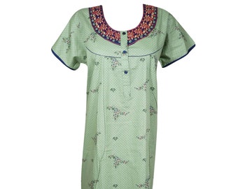 Women's Cotton Maternity Dress, Pista Green Printed Summer Comfy Nightgown Sleepwear House Dress L