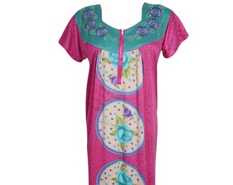 Women Maxi Dress, Nightgown, Pink Blue Floral Printed House Dresses , Front Zip Neck, Nightwear, Housedress Sleepwear Kaftan Dresses L