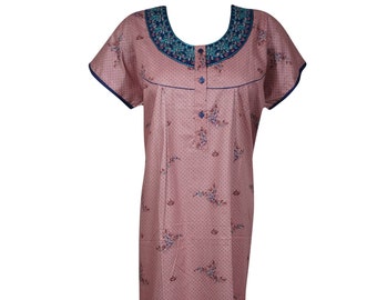 Womens Maxi Caftan Dress, Pink Polka Dot Print House Dresses, Nightgown L