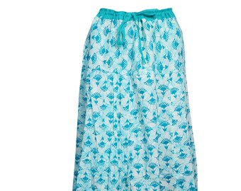 Womens Flowy Maxi Skirts Cotton Blue Floral Print Pretty Long Skirt S/M/L