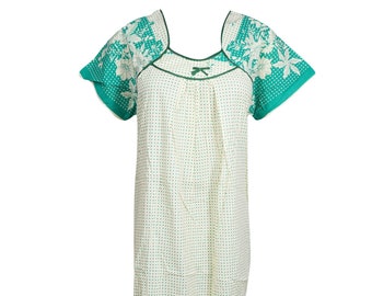 Women Maxi Dress, Cotton Nightgown, Green Polka Dot Print, Nightwear, Housedress Sleepwear Kaftan L