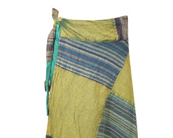 Womens Patchwork Midi Skirt, Green Blue Stripe Printed Patches Wrap Style Skirts, Boho Skirt One Size