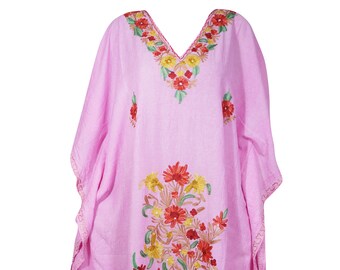 Womens Caftan Dress, Handmade Pink Floral Embroidered Kimono Dress Summer Cover Up Abaya Loose Stylish Maxi Kafan Dresses One size ,L-3XL