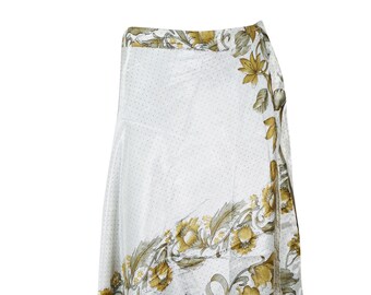 Womens Wrap Skirt, Recycled Sari Skirt, Indian Sari Silk Maxi Wrap Skirt, White Green Printed Wrap Skirts For Womens One Size