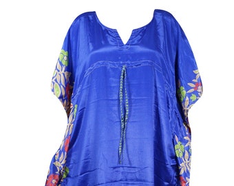 Womens Maxi Beach Kaftan Dress, Recycle Silk Blue Printed Caftan, Bikini Cover up, HI DRAWSTRING L-2XL One size